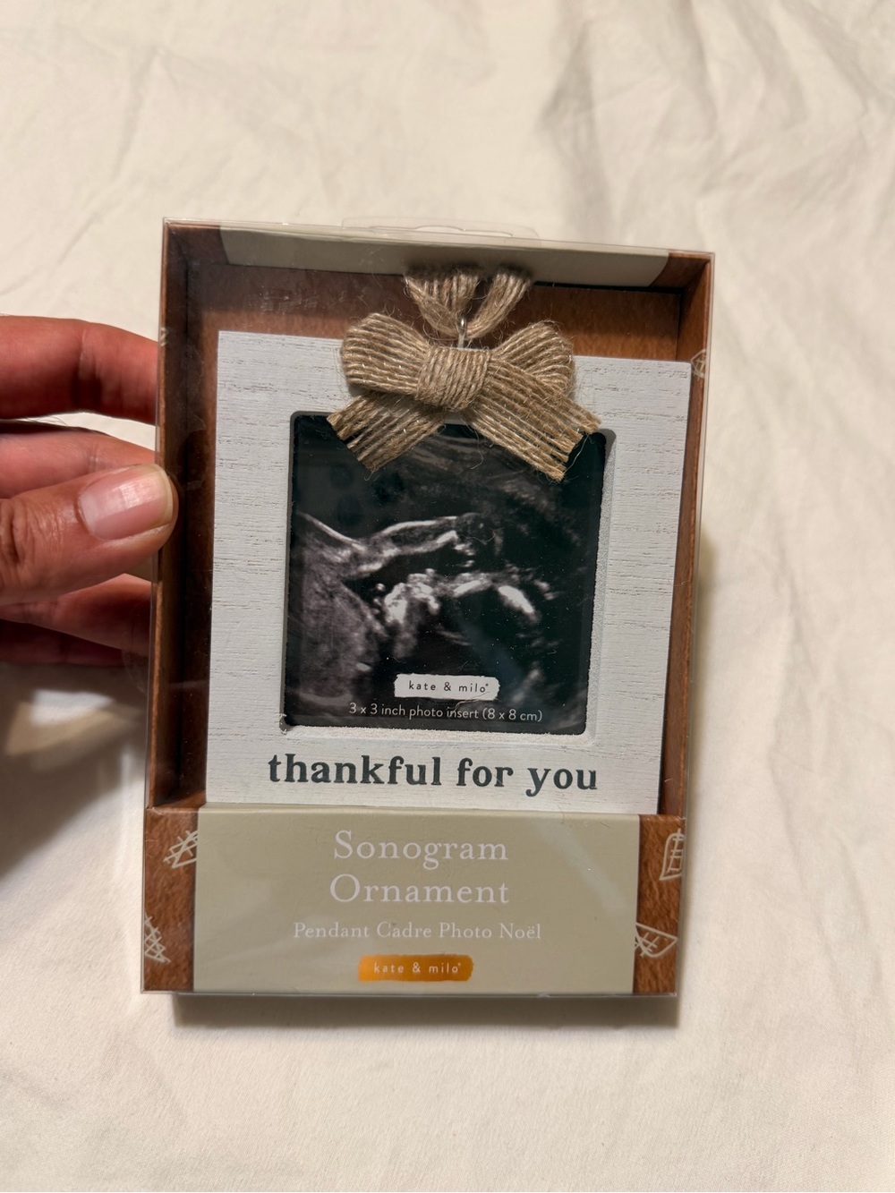 NIB kate & Milo Thankful For You Sonogram Ornament - Cream and Brown